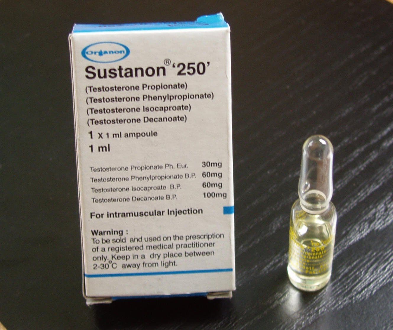 A box of Sustanon 250 beside a single glass ampoule, listing its four testosterone esters.