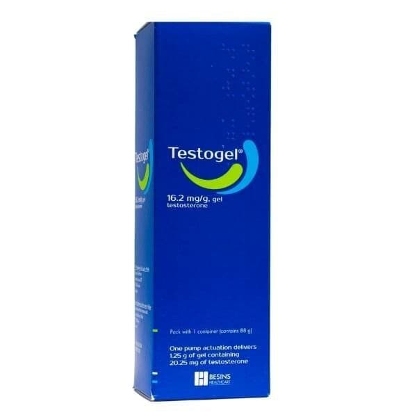 A box of Testogel 16.2mg per gram testosterone gel.