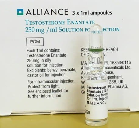 An ampoule of testosterone enanthate 250mg per ml in front of its box.