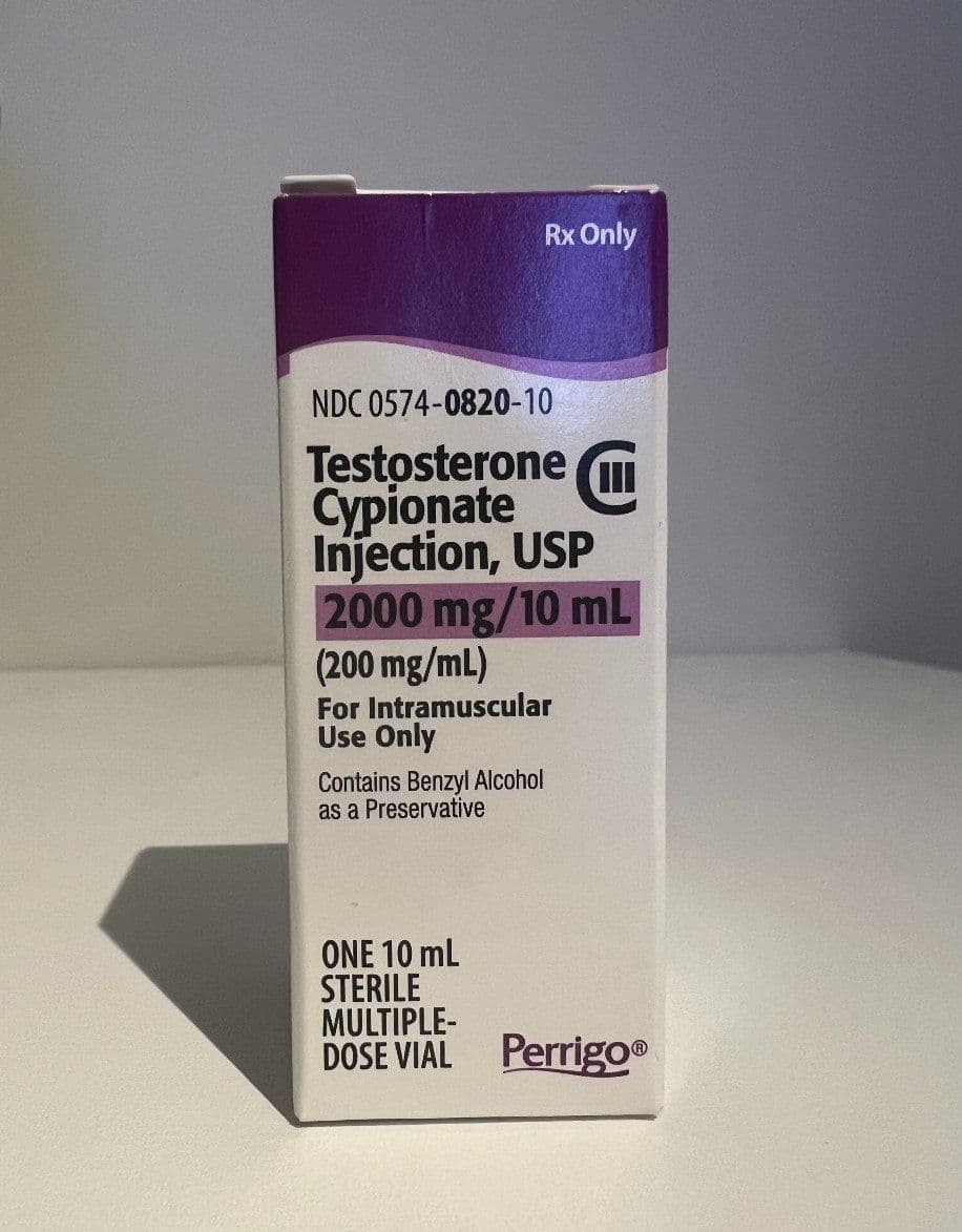 A box of testosterone cypionate injection, 200mg per ml.